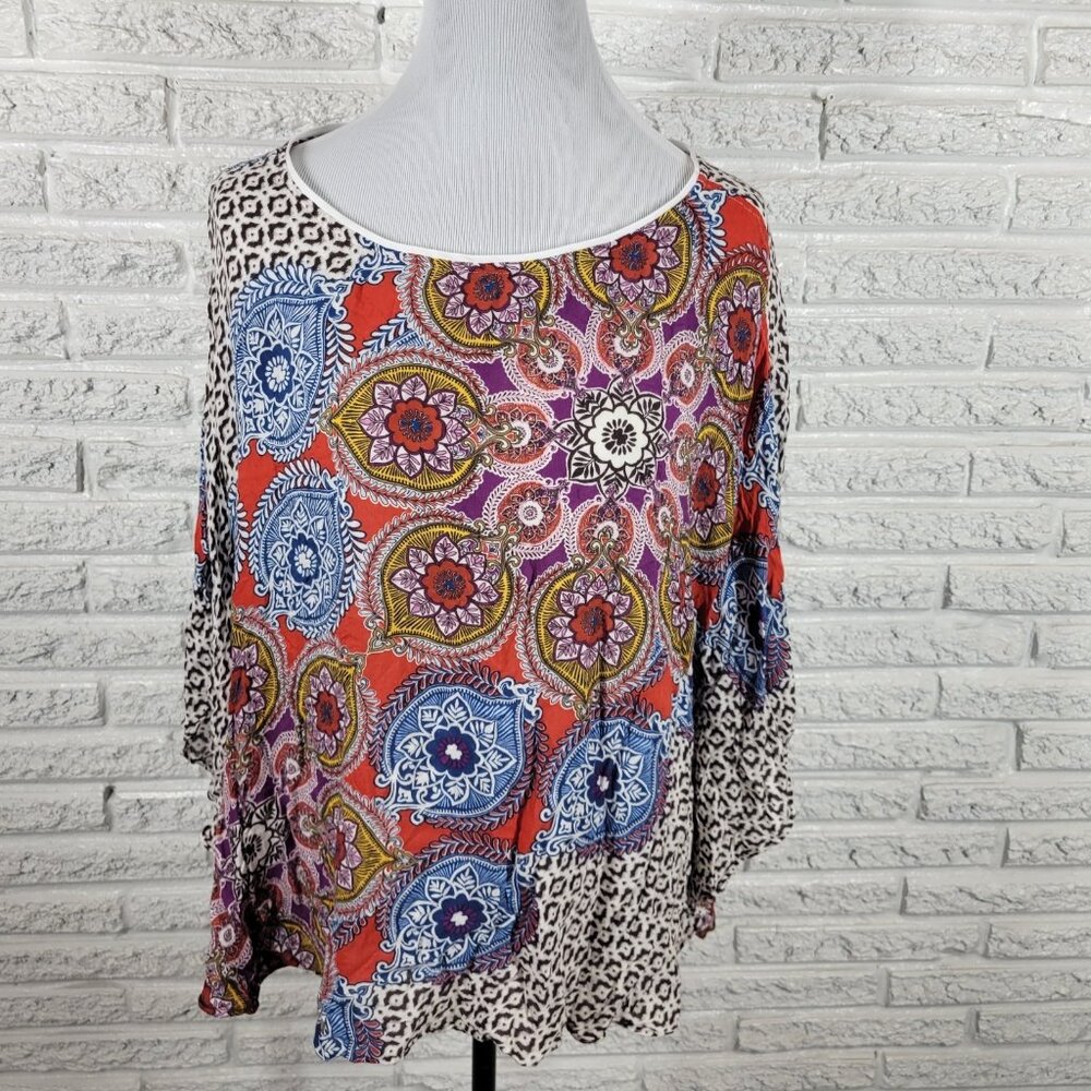 Chico's Women's L/XL Red Blue Geometric Semi-Sheer Rayon Blouse Top GEO225E